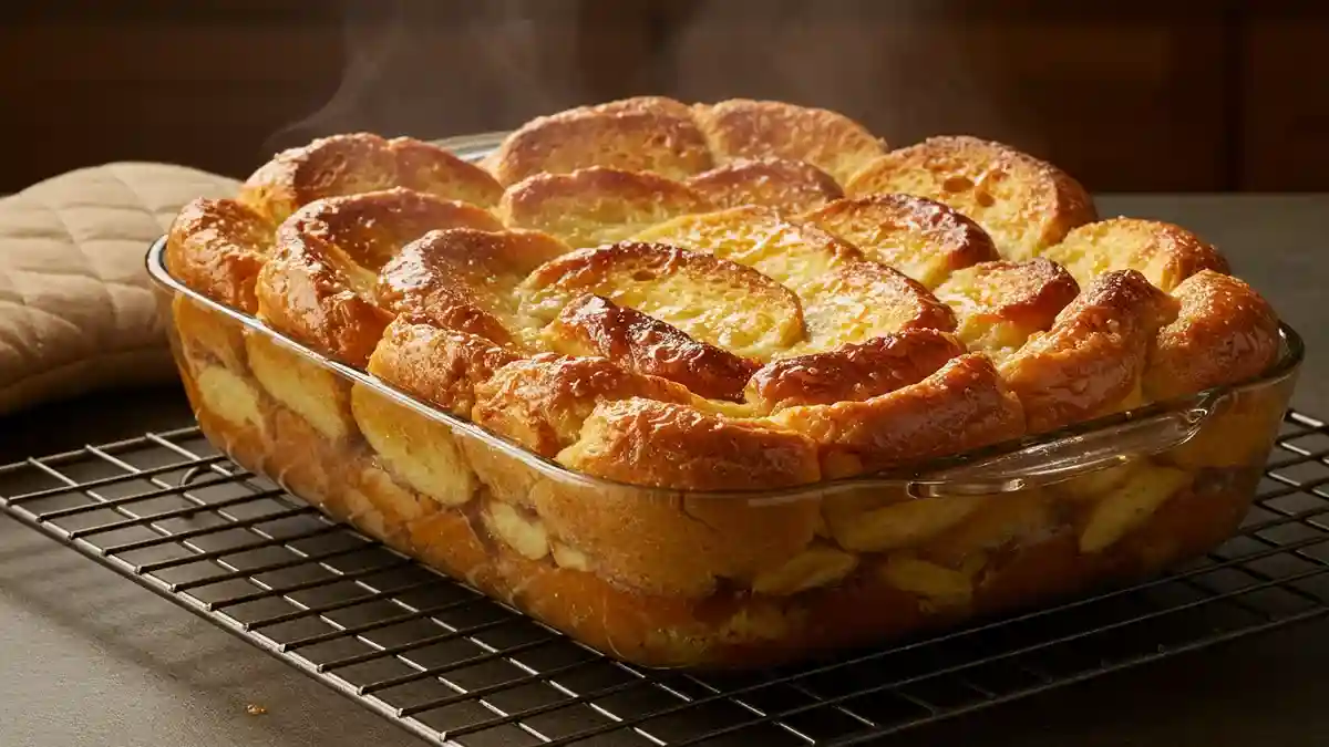Pain perdu au four doré et gonflé, fraîchement sorti du four dans un plat en verre