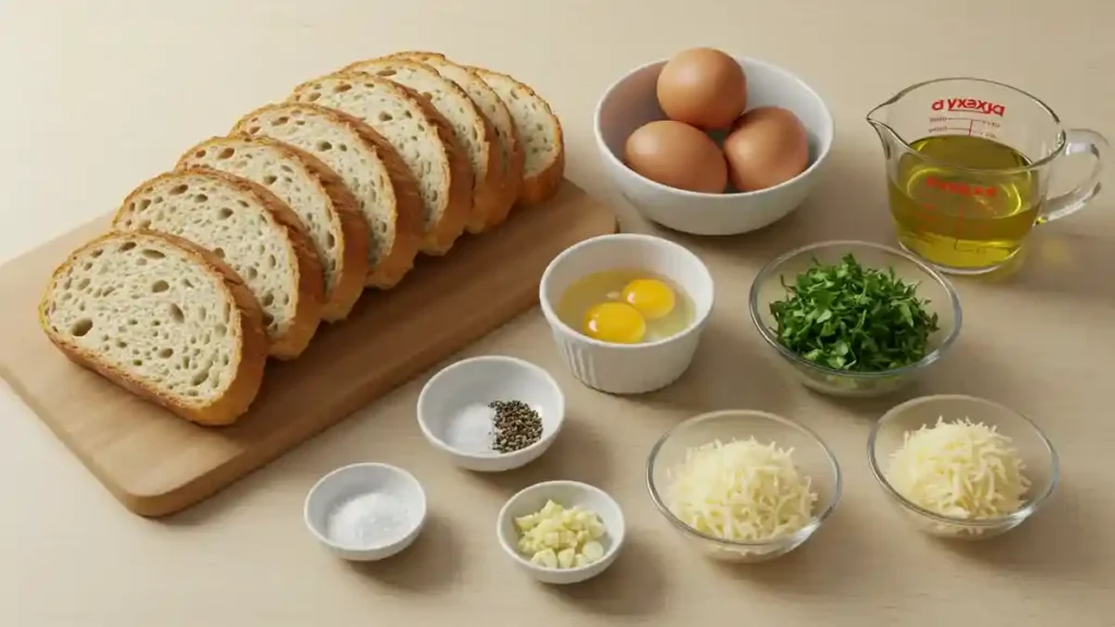 Ingrédients pour préparer du pain perdu salé : tranches de pain, œufs, herbes fraîches, ail, fromage râpé et huile d’olive