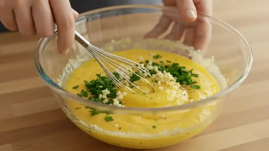 Mélange d’œufs battus avec ail, herbes et fromage pour pain perdu salé, dans un saladier