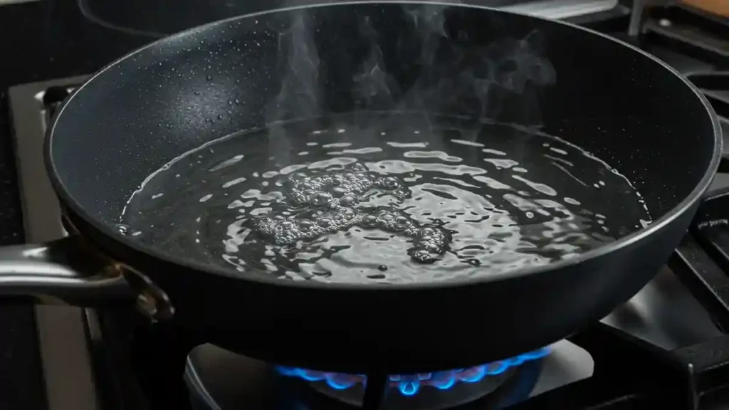 Huile en train de chauffer dans une poêle sur feu vif, prête pour la cuisson du pain perdu salé