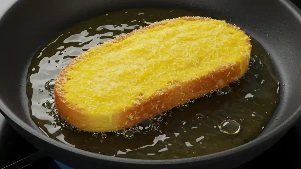 Tranche de pain perdu salé en train de dorer dans une poêle avec de l’huile