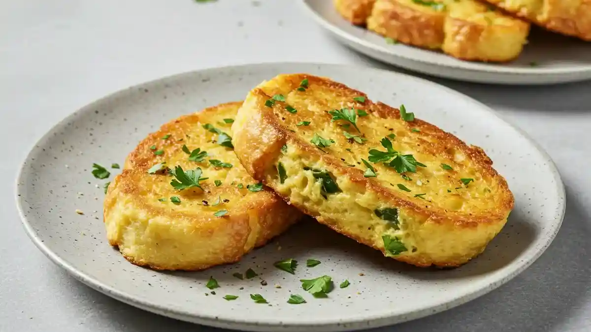 Deux tranches de pain perdu salé dorées, garnies de persil frais dans une assiette