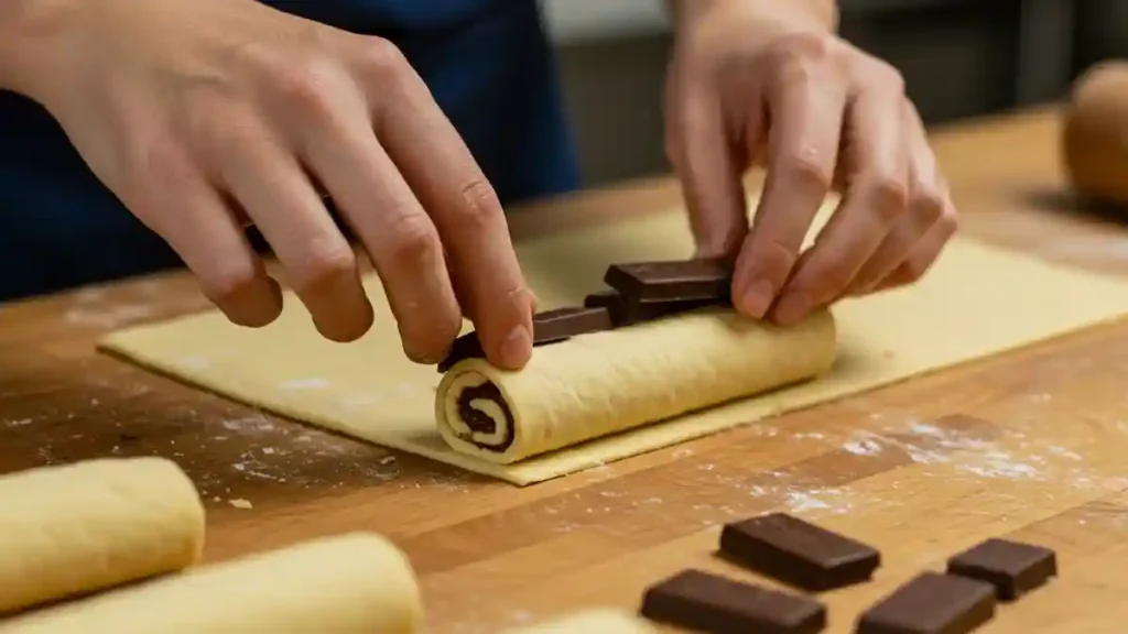 Mains en train de rouler la pâte avec des barres de chocolat pour former un pain au chocolat.