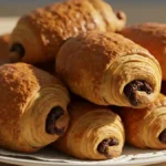 Assiette de pain au chocolat faits maison, bien dorés et croustillants.