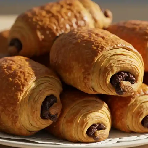 Assiette de pain au chocolat faits maison, bien dorés et croustillants.