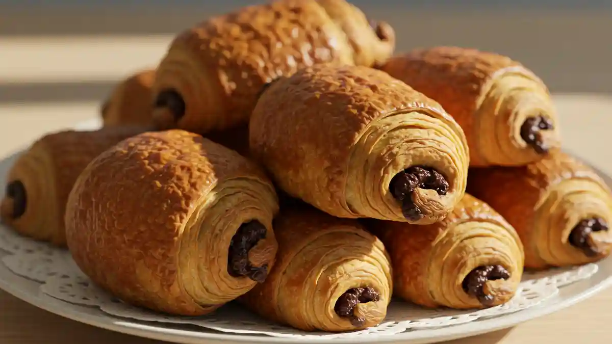 Assiette de pain au chocolat faits maison, bien dorés et croustillants.