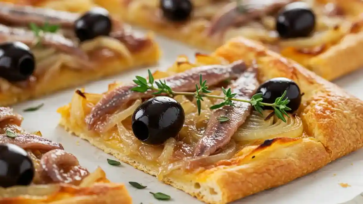 Tranche de pissaladière niçoise avec oignons confits, anchois, olives noires et thym frais.