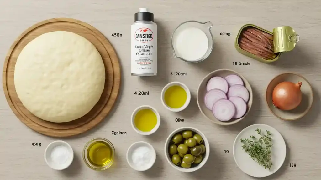 Ingrédients pour une pissaladière maison : pâte à pizza, oignons, olives, anchois, huile d'olive, lait, thym.