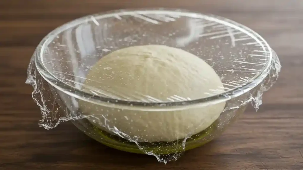 Pâte à pizza en train de lever dans un saladier recouvert de film plastique.