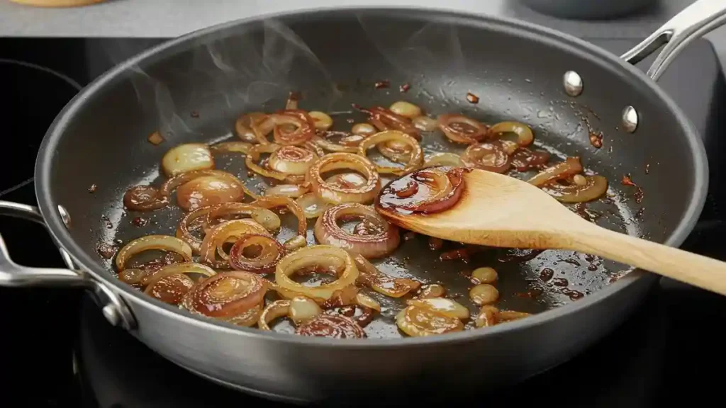 Oignons émincés en train de caraméliser dans une poêle avec une cuillère en bois.