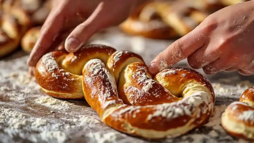 Mains façonnant un bretzel sur un plan de travail fariné.
