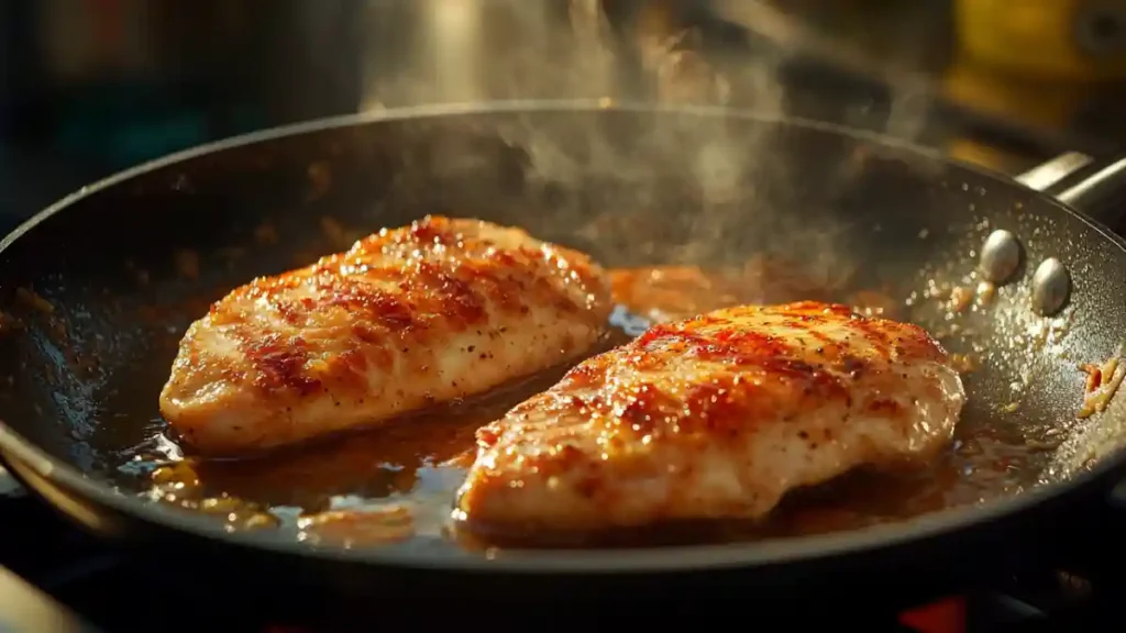 Filets de poulet grillés dans une poêle avec jus de cuisson