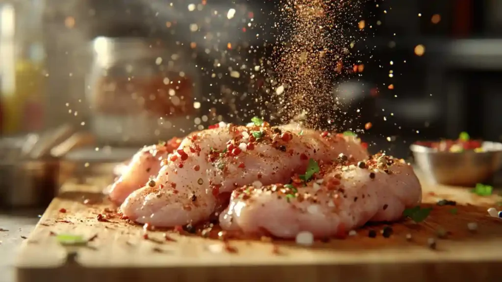 Filet de poulet cru assaisonné avec des épices sur planche en bois