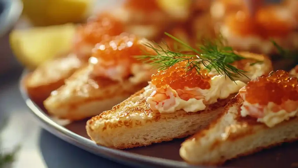 Toast Skagen garni de crevettes, œufs de poisson et aneth sur pain grillé