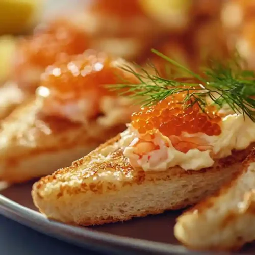 Toast Skagen garni de crevettes, œufs de poisson et aneth sur pain grillé
