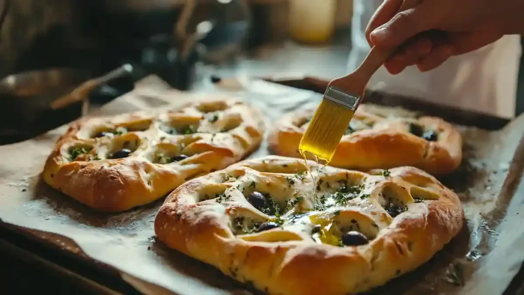 Fougasses rondes garnies d’olives, badigeonnées à l’huile