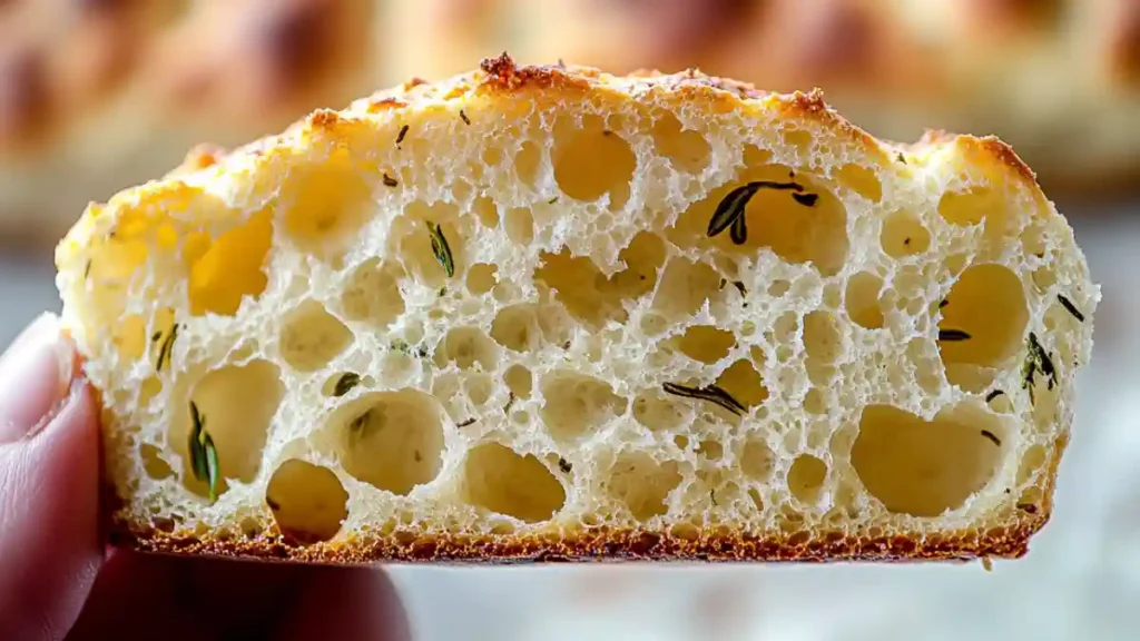 Mie alvéolée d’une focaccia maison au romarin, vue en gros plan