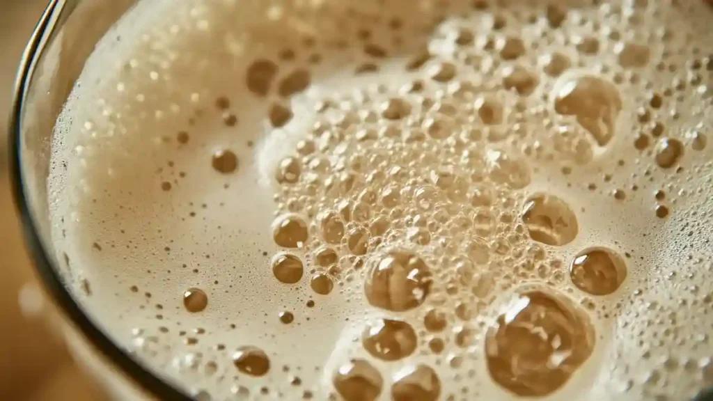 Levure sèche active qui mousse dans de l'eau tiède avec du sucre, prête à être utilisée pour des bretzels maison.