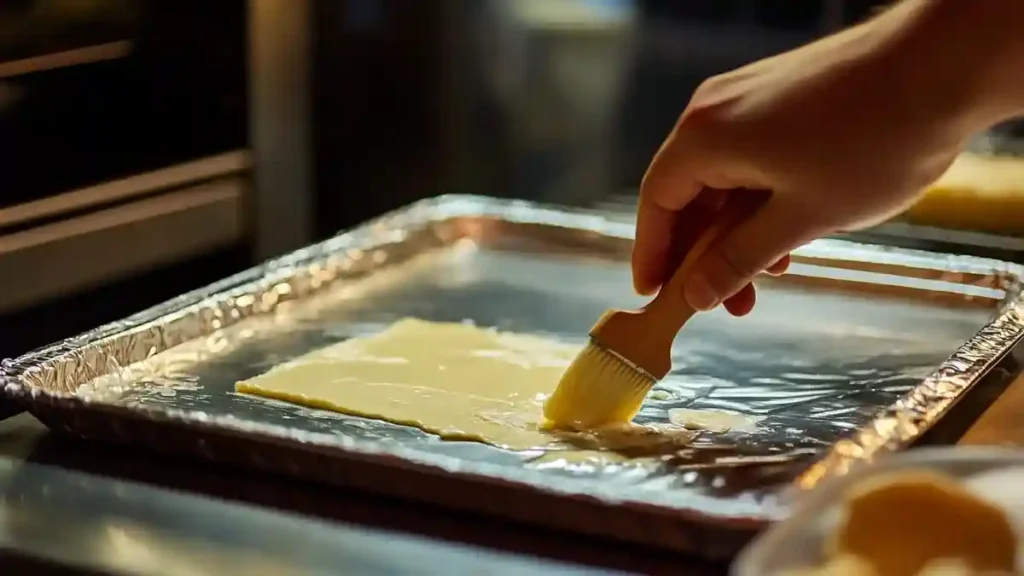 Application de beurre fondu sur pâte à gressins avant cuisson