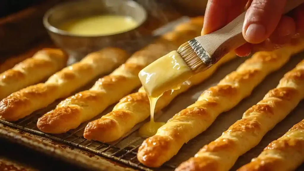 Gressins dorés badigeonnés de beurre fondu après cuisson