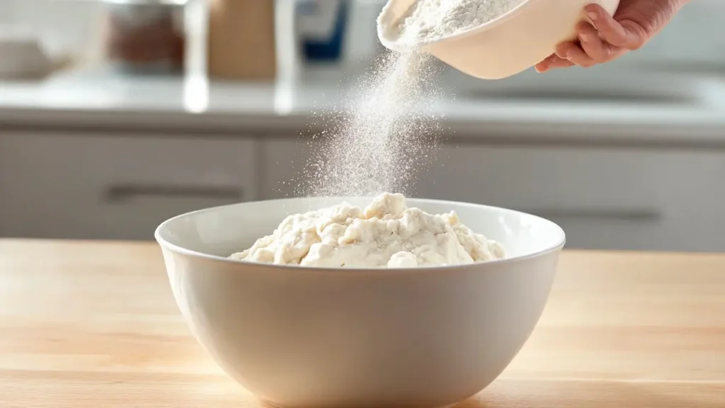 Ajout de farine dans un saladier pour pâte à gressins