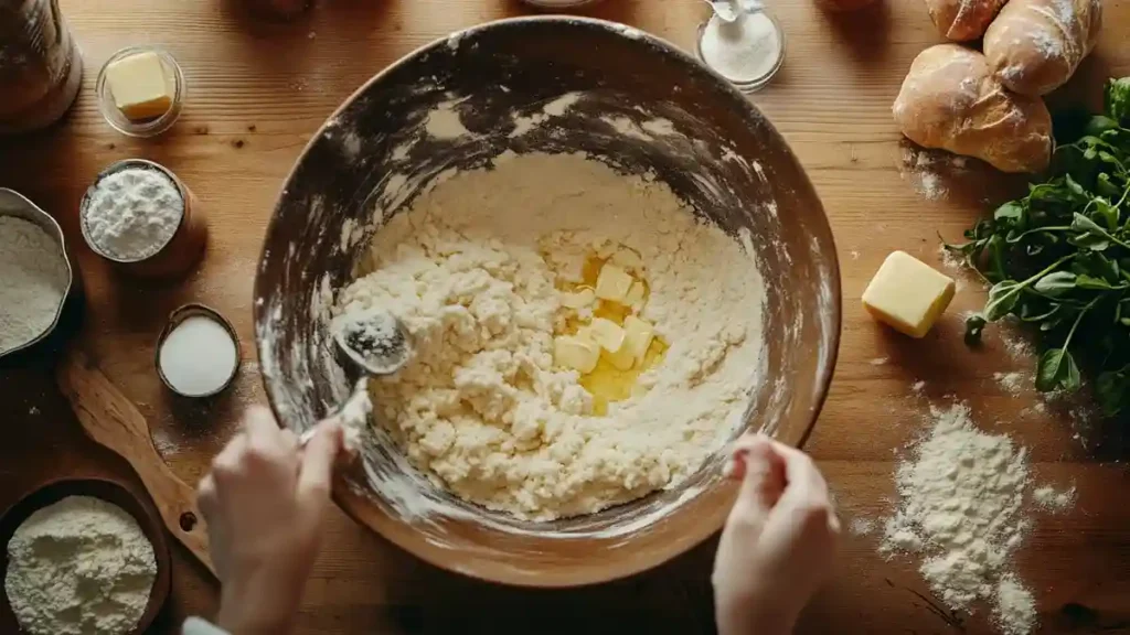 Préparation de la pâte à bretzels dans un grand saladier avec du beurre et de la farine.