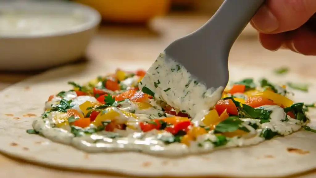 Tortilla garnie de sauce aux herbes et légumes colorés