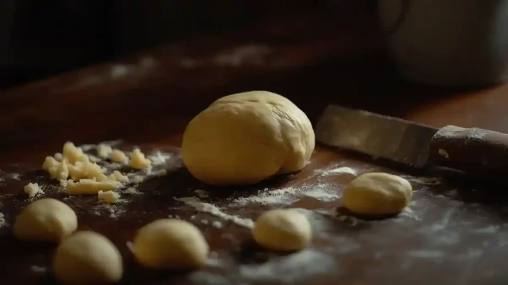 Pâte à bretzels façonnée en boule sur un plan de travail fariné avec un couteau à côté.