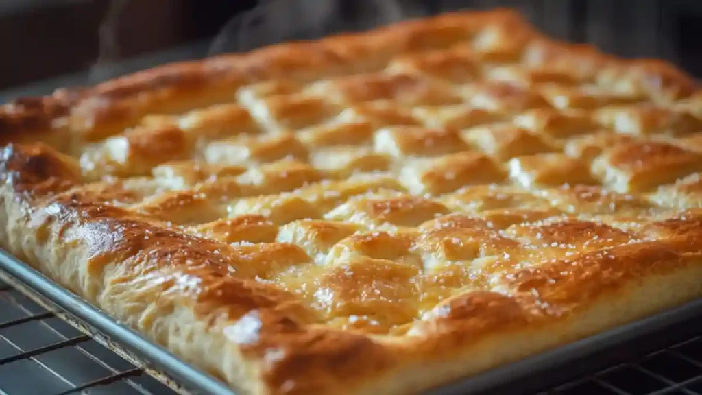 Schiacciata dorée et croustillante tout juste sortie du four, posée sur une grille