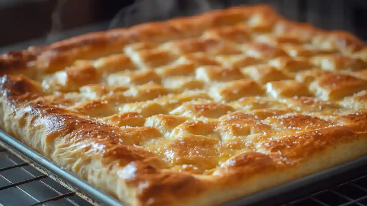 Schiacciata dorée et croustillante tout juste sortie du four, posée sur une grille