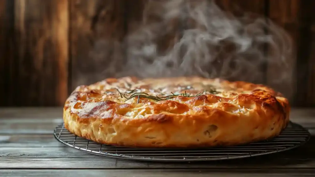 Focaccia dorée tout juste sortie du four, encore fumante sur une grille