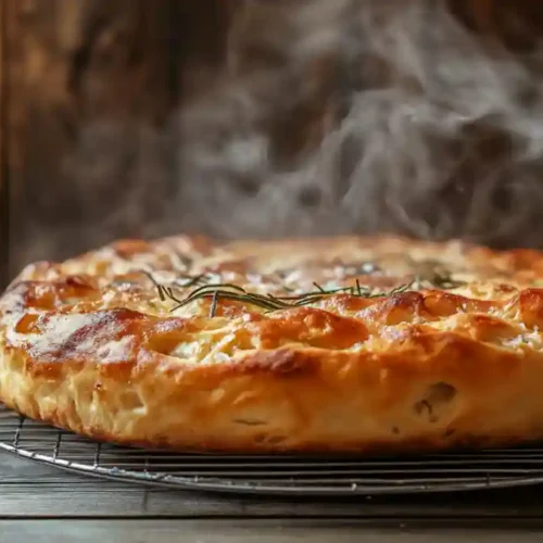 Focaccia dorée tout juste sortie du four, encore fumante sur une grille