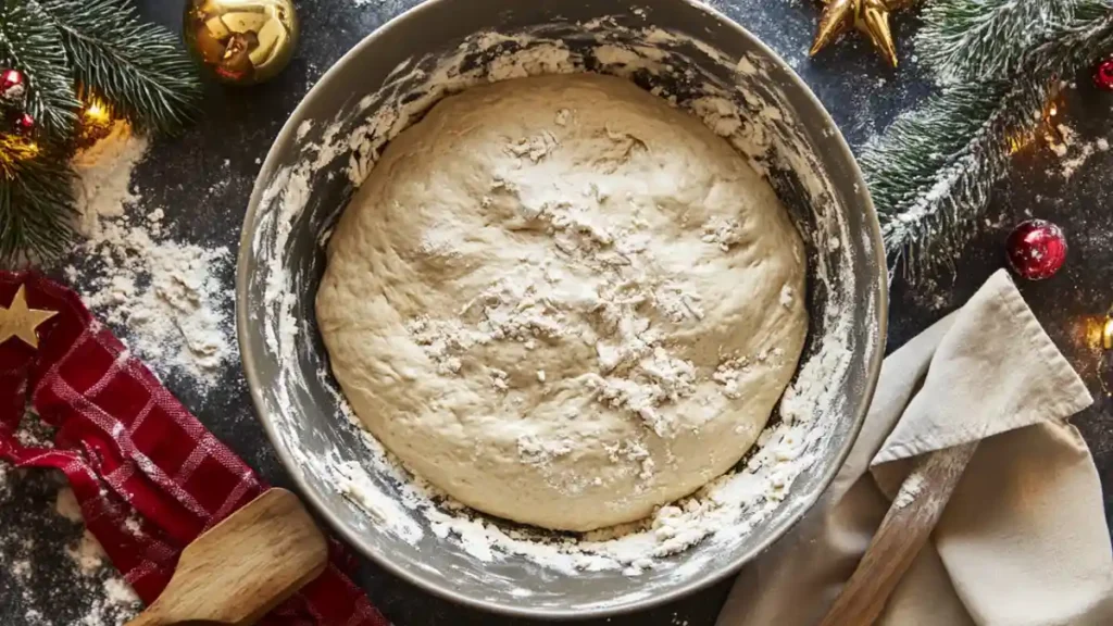 Pâte levée maison dans un grand bol après fermentation, prête à être utilisée pour une schiacciata