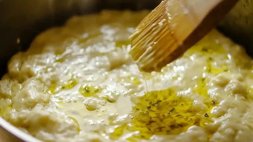 Pâte à focaccia arrosée d'huile d'olive et d'herbes avant cuisson
