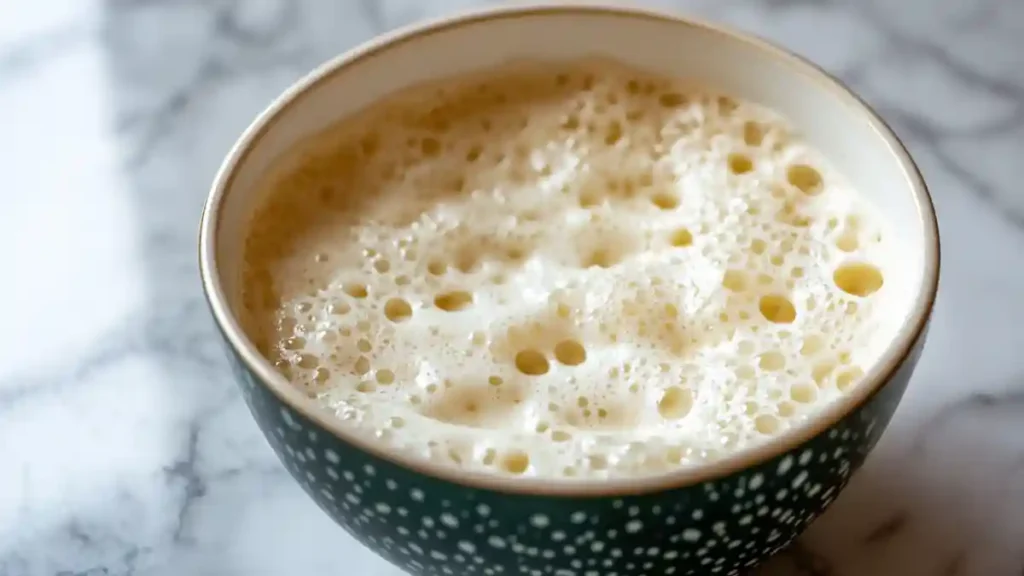 Poolish maison bien aérée dans un bol, prête pour la pâte à schiacciata