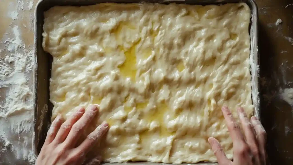 Façonnage de la pâte à schiacciata dans un moule, avec les doigts farinés