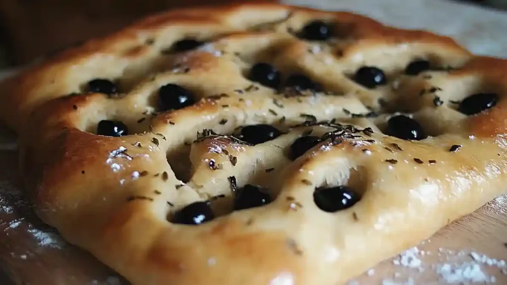 Fougasse moelleuse aux olives noires, cuite au four