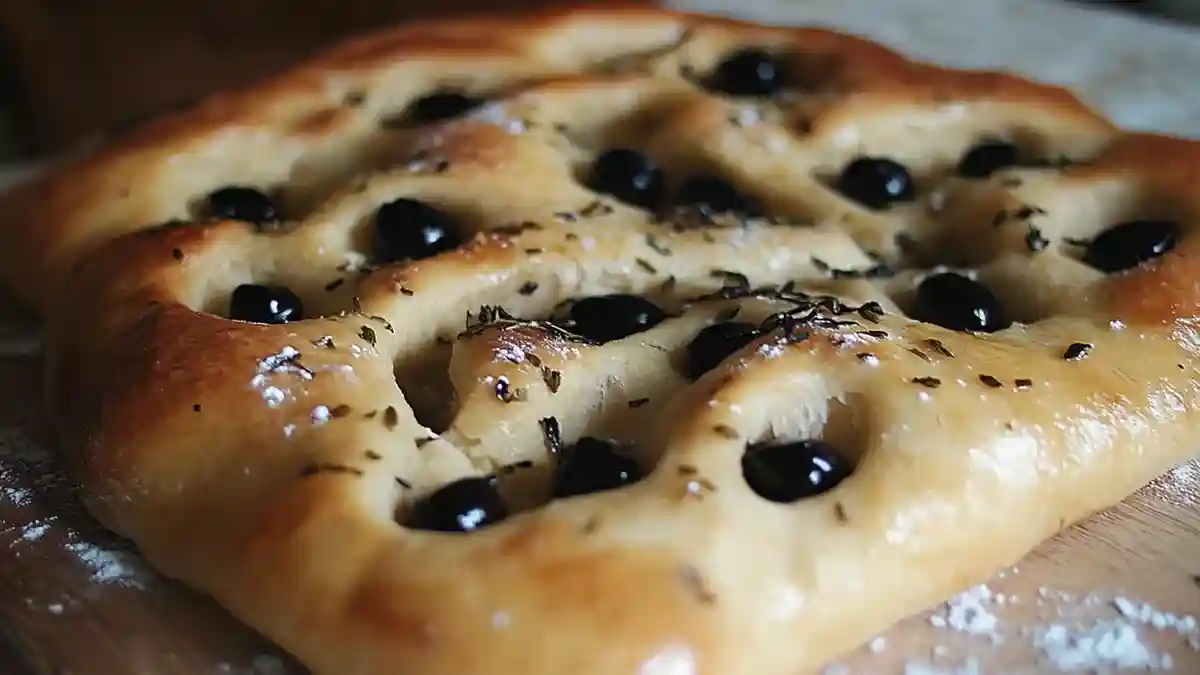 Fougasse moelleuse aux olives noires, cuite au four