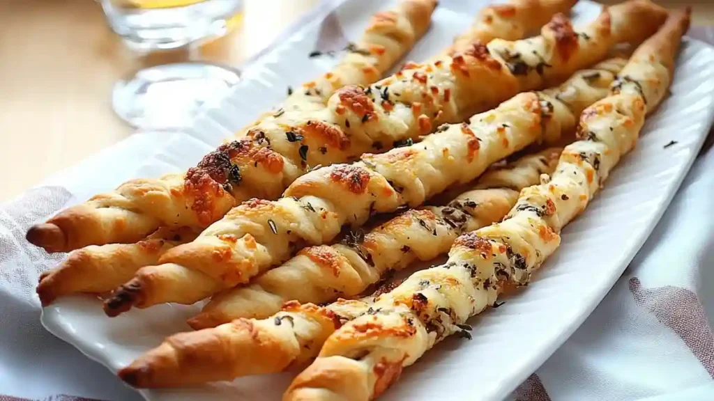 Gressins torsadés au fromage et aux herbes servis dans une assiette