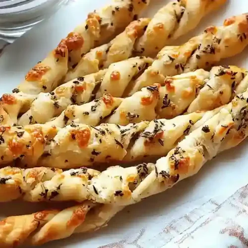 Gressins au fromage et herbes servis dans une assiette sur un torchon