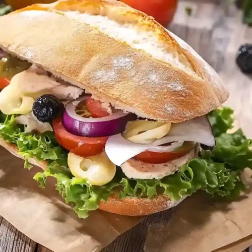Pan bagnat garni de légumes frais, crudités et olives dans un pain croûté, posé sur du papier kraft rustique.
