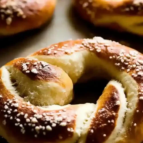 Bretzel maison doré, saupoudré de gros sel, fraîchement sorti du four.