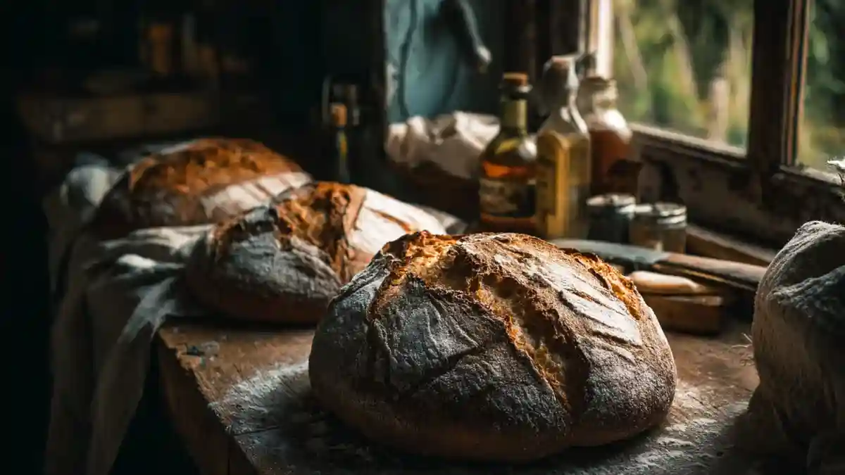 Pains briés sortis du four, posés sur une table en bois dans une cuisine rustique