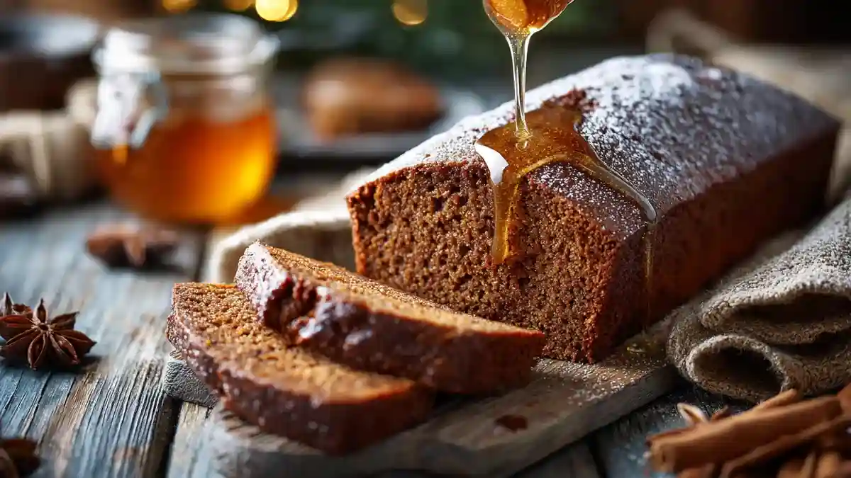 Pain d’épices moelleux tranché sur une table en bois avec miel et épices