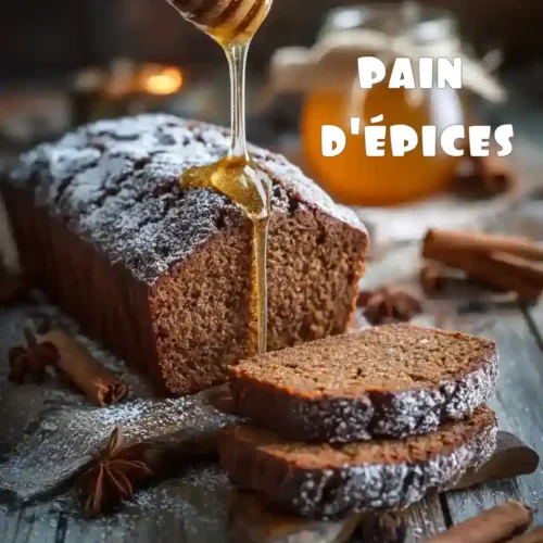 Pain d’épices moelleux tranché sur une table en bois avec miel et épices