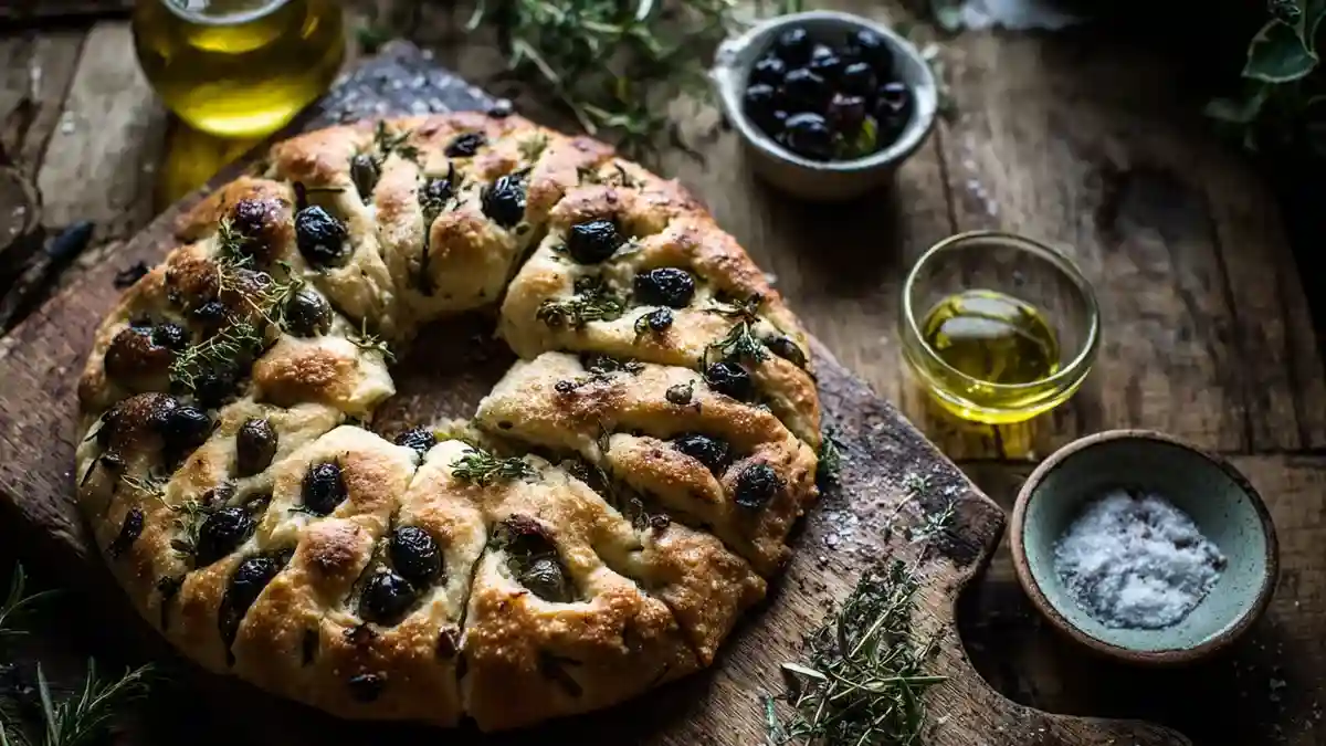 Fougasse provençale aux olives et herbes aromatiques, pain doré