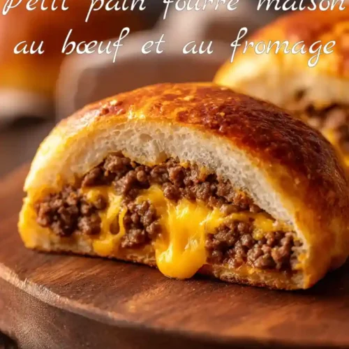 Gros plan sur un petit pain fourré coupé en deux avec farce au bœuf et fromage fondant