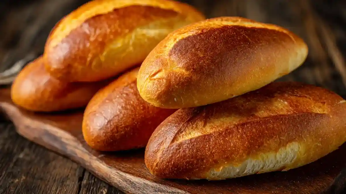 Petits pains navette moelleux dorés sur planche en bois rustique