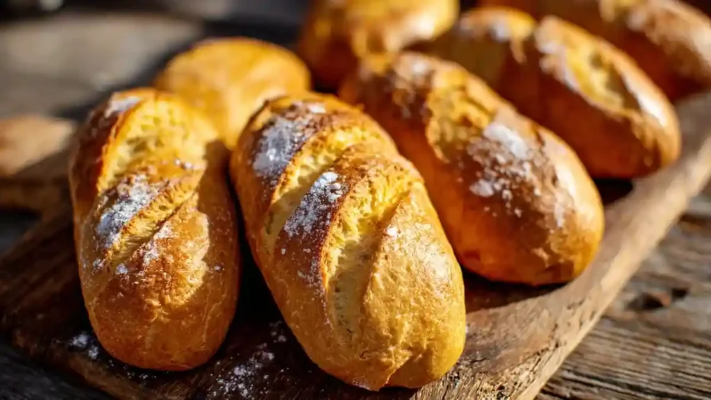 Petits pains navette moelleux dorés sur planche en bois rustique
