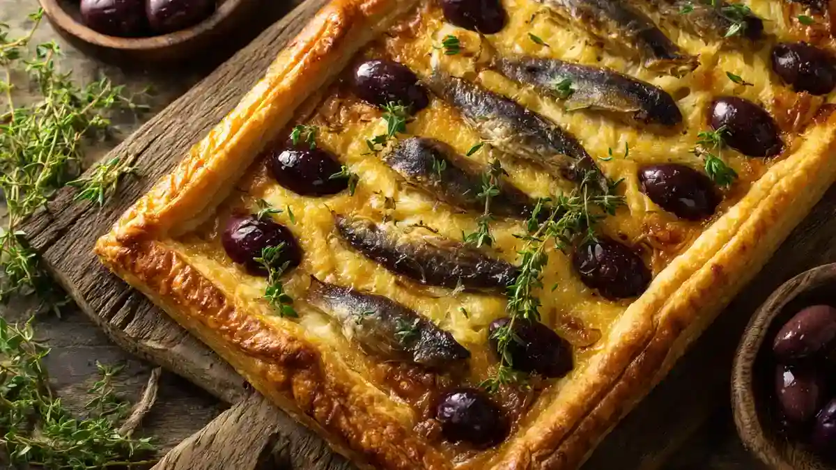 Pissaladière traditionnelle aux oignons, olives et anchois